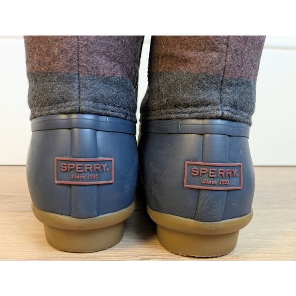 Sperry Topsider Saltwater Varsity Duck Boot 8.5 Navy Wine Stripe Wool Rubber - Picture 7 of 12